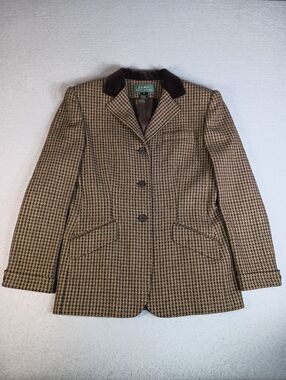 Lauren Ralph Lauren Women's 10 Silk & Wool Houndstooth Equestrian Blazer Vintage